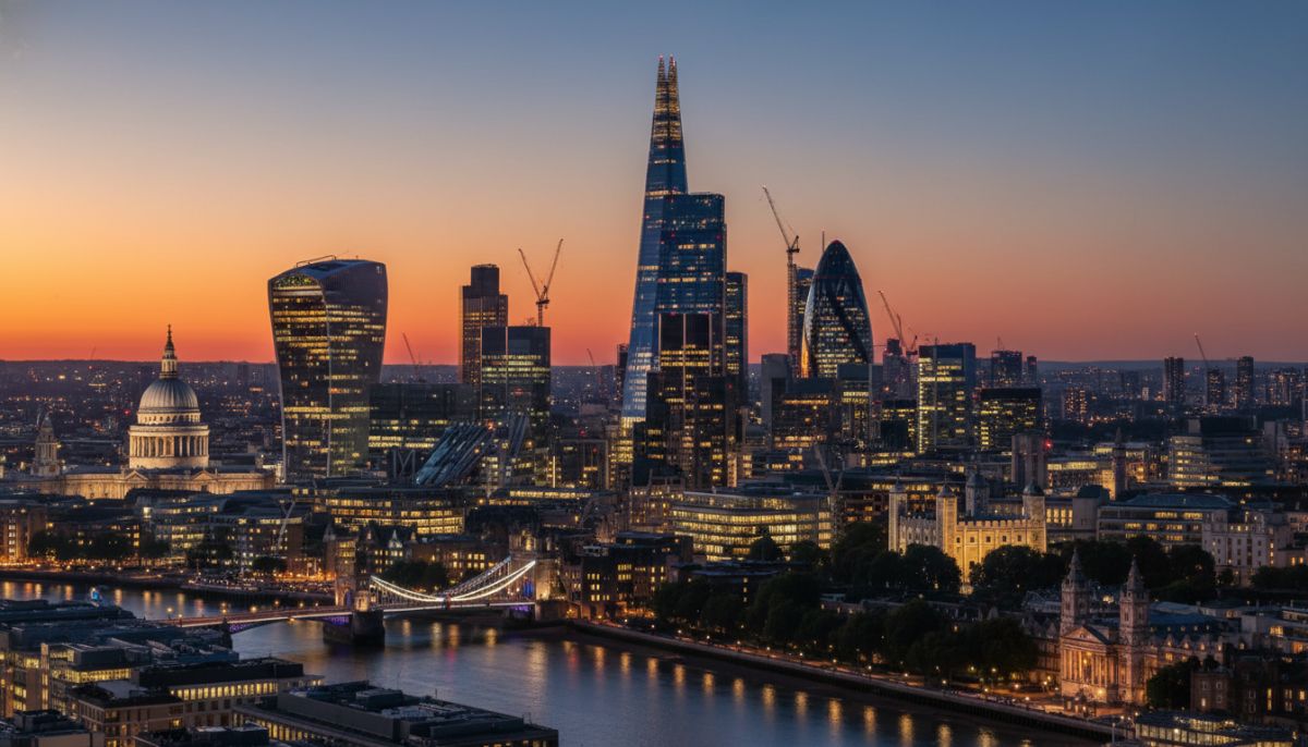 A wide-angle shot of the City of London skyline at dusk, showcasing modern glass skyscrapers and historic architecture to symbolize the UK's prestige as a global financial center.