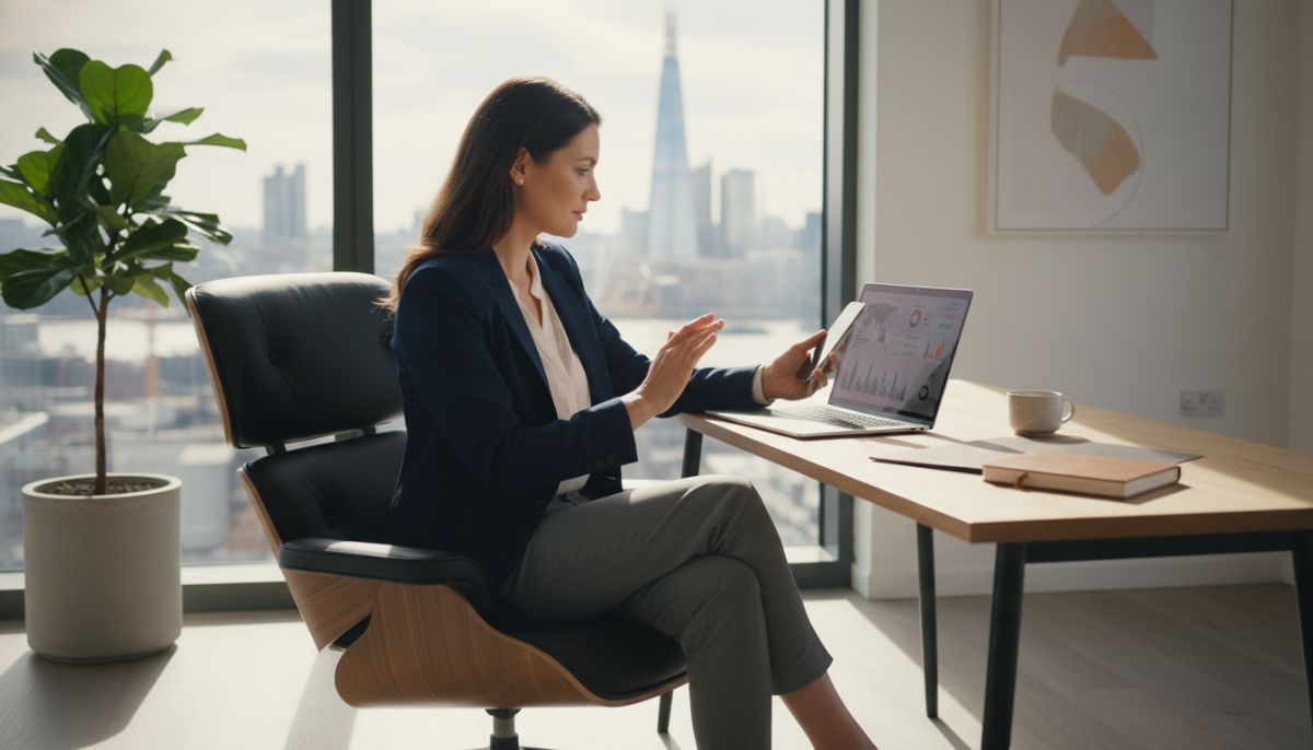 A professional entrepreneur sitting in a minimalist, sunlit office in London, using a laptop and a smartphone to manage international business transactions.