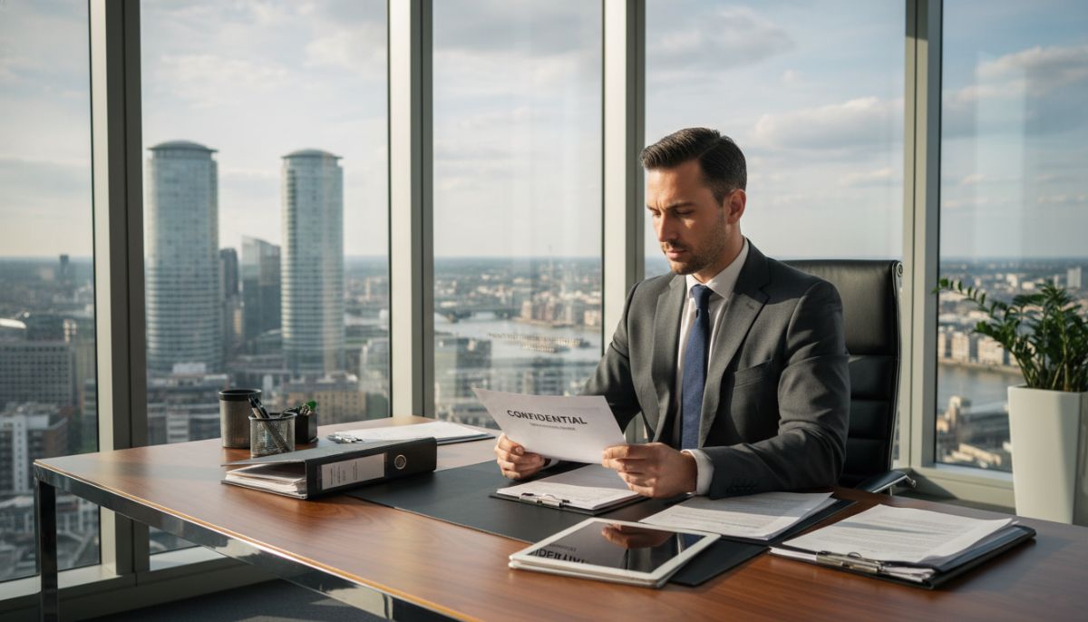 A professional expat entrepreneur in a sharp suit sitting in a modern glass-walled office in Canary Wharf, London, reviewing legal documents with a view of the city skyline.