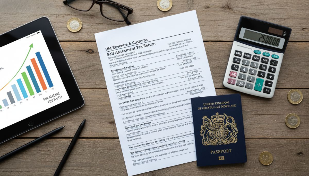 A high-quality flat-lay of a British tax return form, a calculator, a UK passport, and a digital tablet showing financial growth charts on a wooden desk.