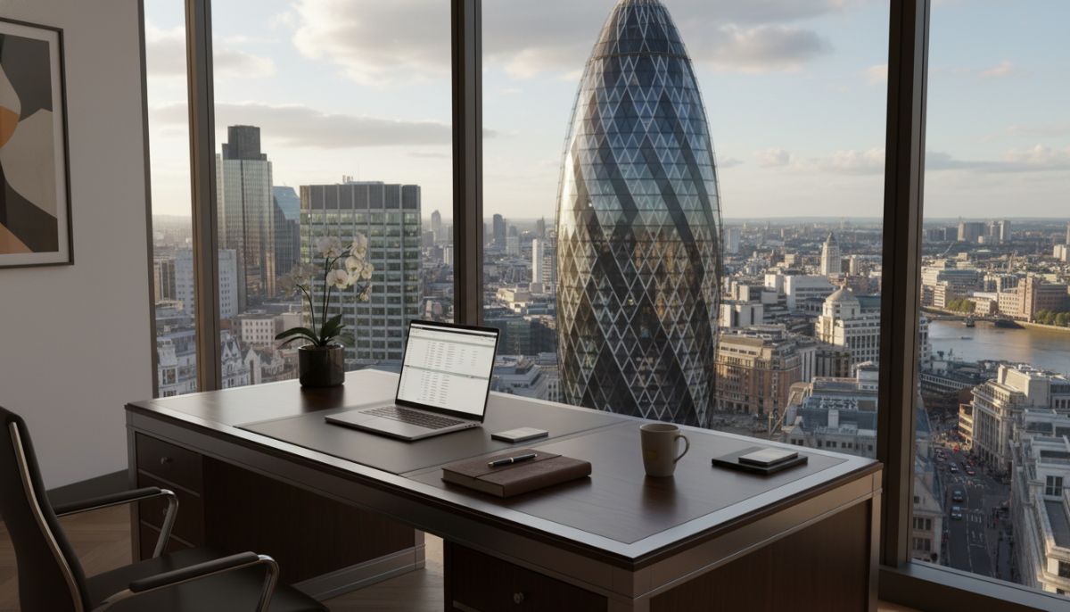 A high-end, professional office desk in a London skyscraper overlooking the City financial district, featuring a laptop, a leather notebook, and a view of the Gherkin building.