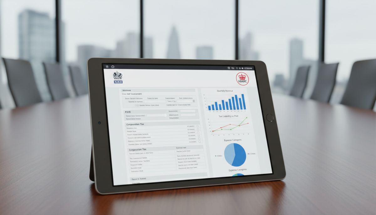 A digital tablet displaying a professional dashboard with UK tax forms, financial graphs, and the HMRC logo, set against a blurred background of a modern boardroom.