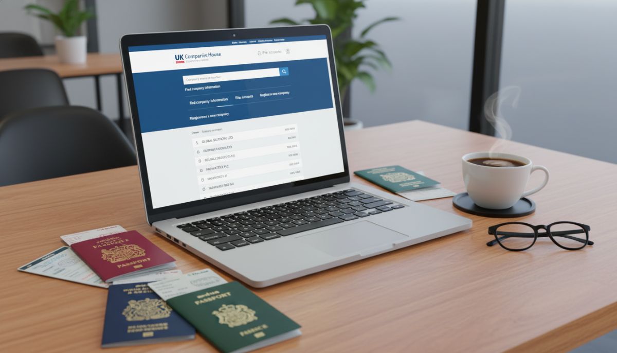 A high-quality digital illustration of the UK Companies House website interface on a modern laptop screen, surrounded by international passports and a cup of coffee on a wooden desk.