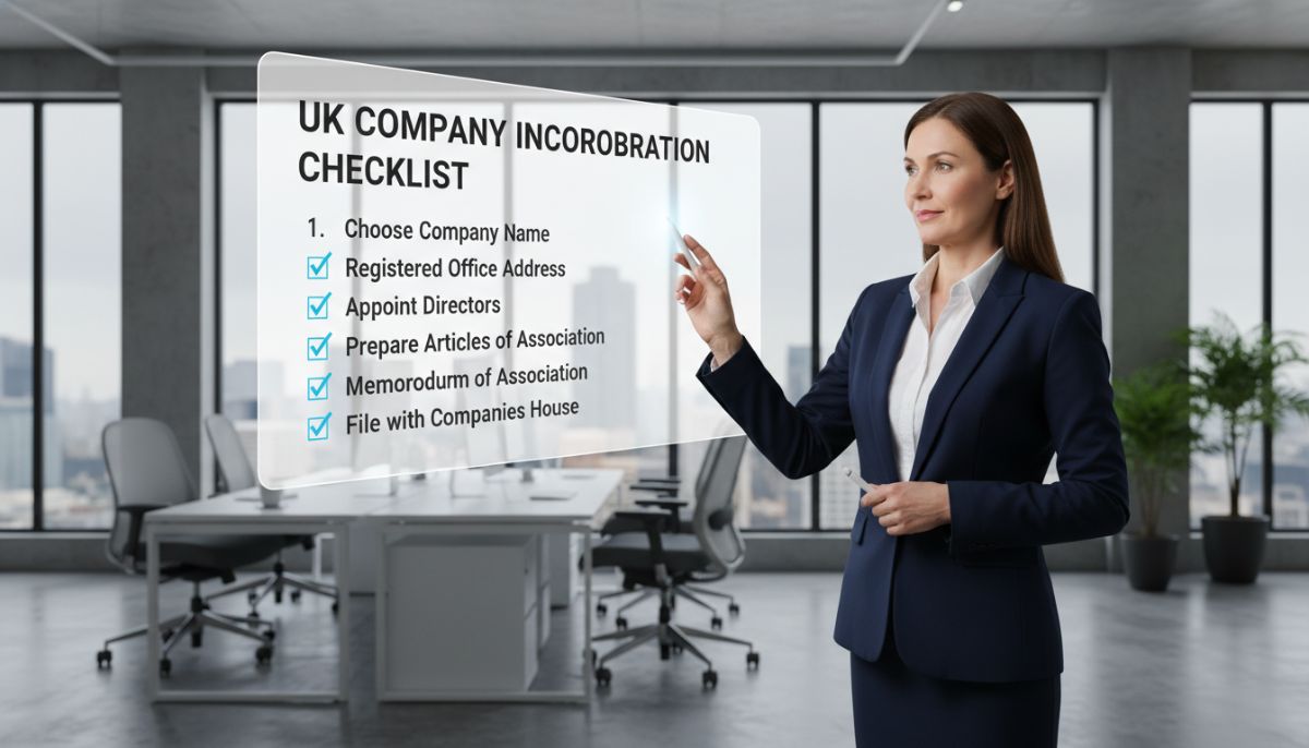 A professional business consultant pointing at a digital screen showing a UK company incorporation checklist, modern office environment, high resolution.