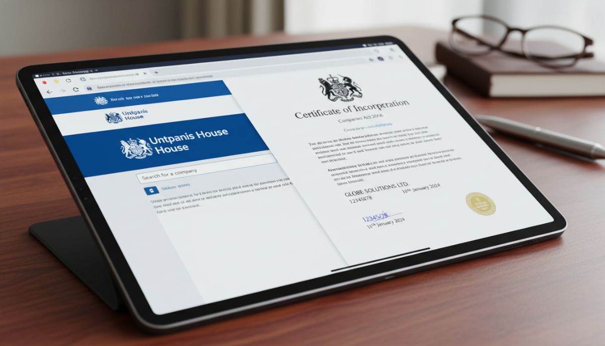 A high-quality close-up of a digital tablet displaying the UK Companies House website and a 'Certificate of Incorporation' document on a mahogany desk.
