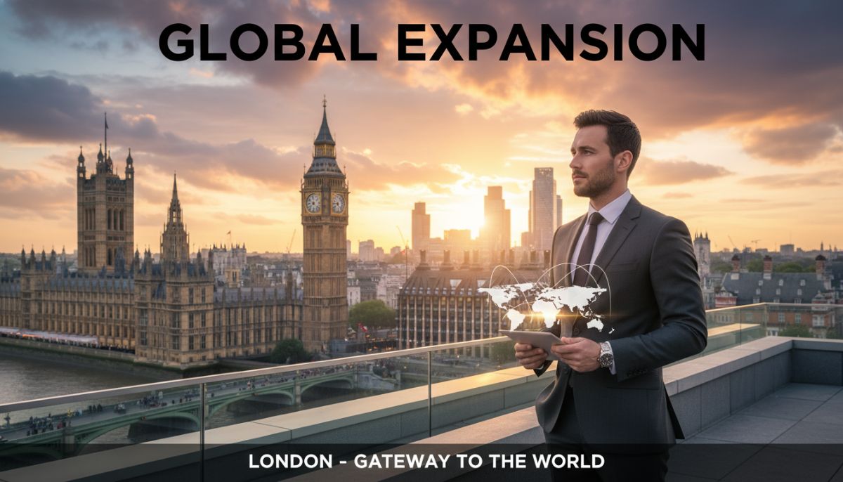 A professional businessman looking at the London skyline with the Big Ben in the background, representing global expansion and the prestigious UK market.