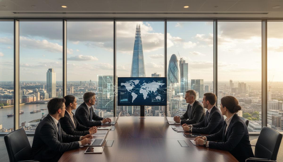 A professional business meeting in a modern London office overlooking the Gherkin building and the City skyline, symbolizing international trade and British economic strength.