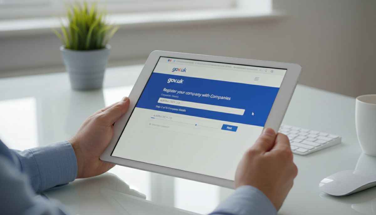 A close-up of a digital tablet showing the official British government website 'gov.uk' with a 'Register your company' online form being filled out in a sleek, minimalist home office.