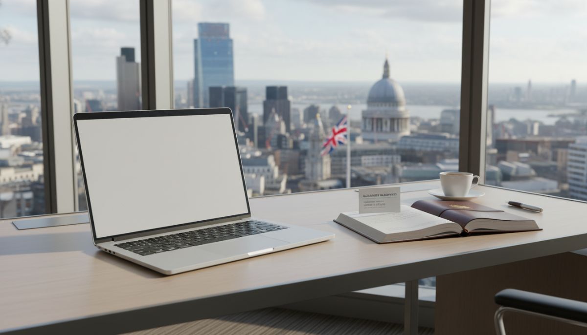 A professional office desk in London with a view of the City skyline, featuring a modern laptop, a leather-bound notebook, and a clean business card, symbolizing a new corporate beginning in the UK.