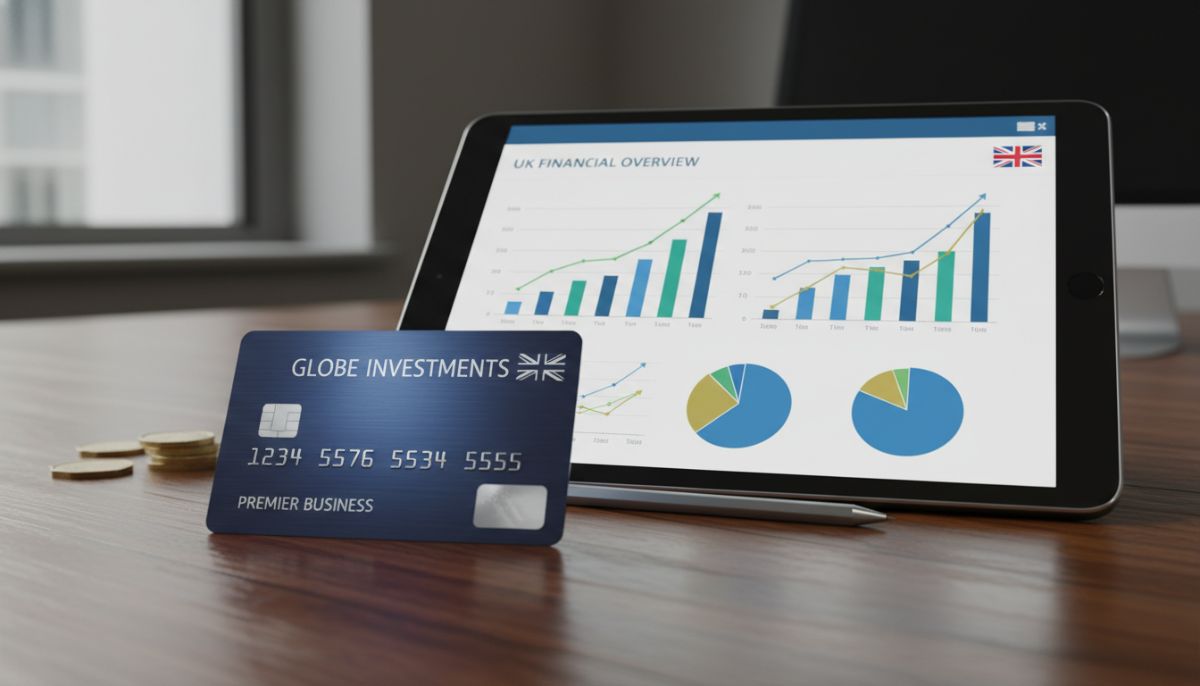 A high-quality close-up of a corporate bank card resting on a wooden desk next to a digital tablet displaying financial charts and graphs, representing financial management in the UK.