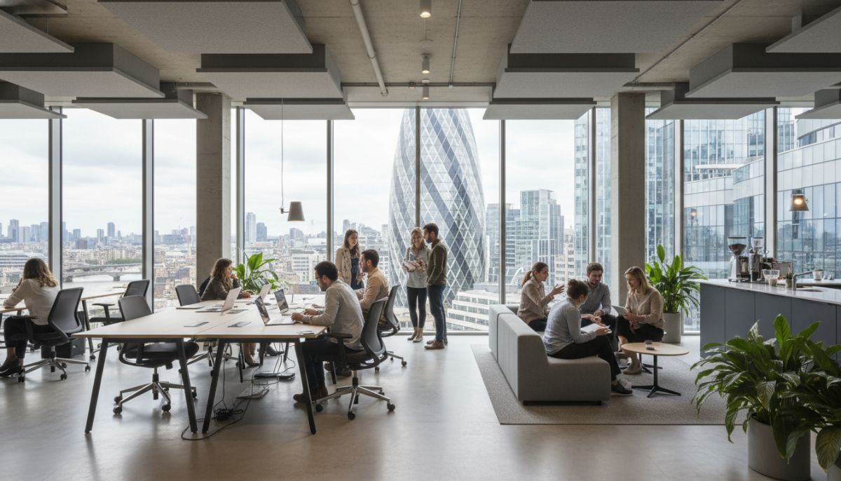 A professional modern co-working space in London with a view of the Gherkin skyscraper, diverse entrepreneurs collaborating over laptops and coffee in a sleek glass-walled office.