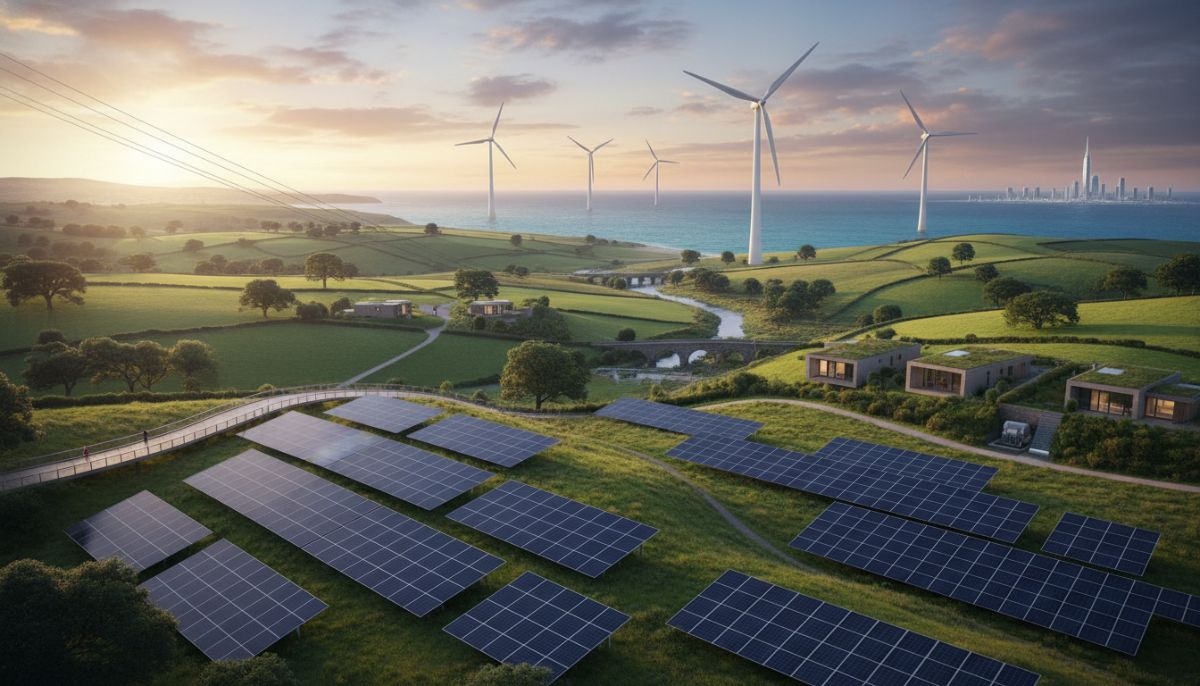 A clean energy concept showing offshore wind turbines and solar panels integrated with the British countryside landscape, high quality architectural photography reflecting a sustainable future.